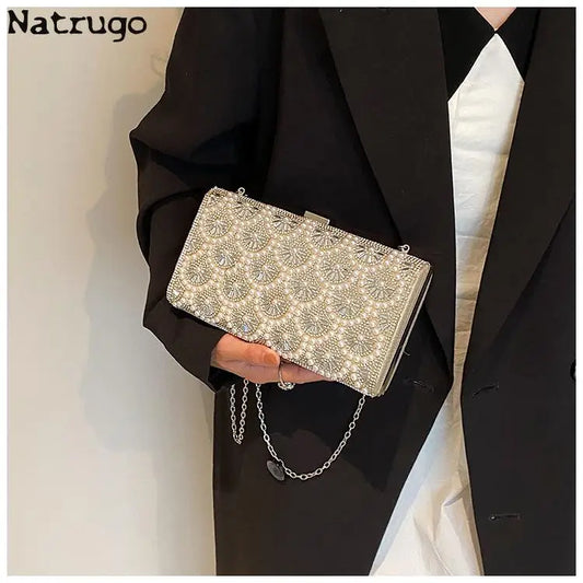 Bolso de noche con diamantes de imitación de moda, bolso de hombro con cadena para mujer, bolso cruzado cuadrado pequeño, bolso de mano con perlas de alta calidad