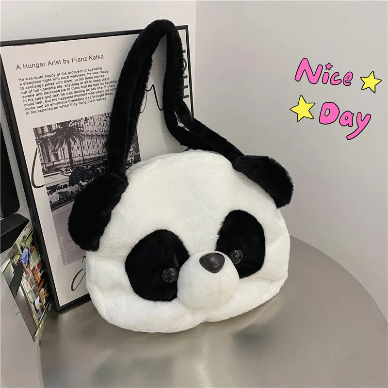 Bolsos de hombro de peluche para adolescentes, diseño kawaii, con forma de cabeza de panda, elegantes y suaves, para compras, portátiles