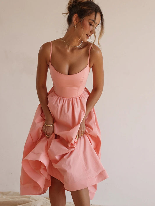 Suninheart Mujeres Elegantes Vestidos de Fiesta Largos Rosa Tirantes Espagueti Vestido de Una Línea Casual Vacaciones Vacaciones Vestido de Cumpleaños de Damas