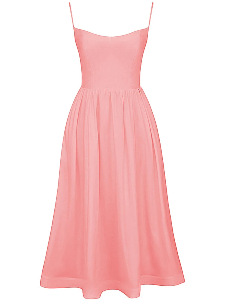 Suninheart Mujeres Elegantes Vestidos de Fiesta Largos Rosa Tirantes Espagueti Vestido de Una Línea Casual Vacaciones Vacaciones Vestido de Cumpleaños de Damas