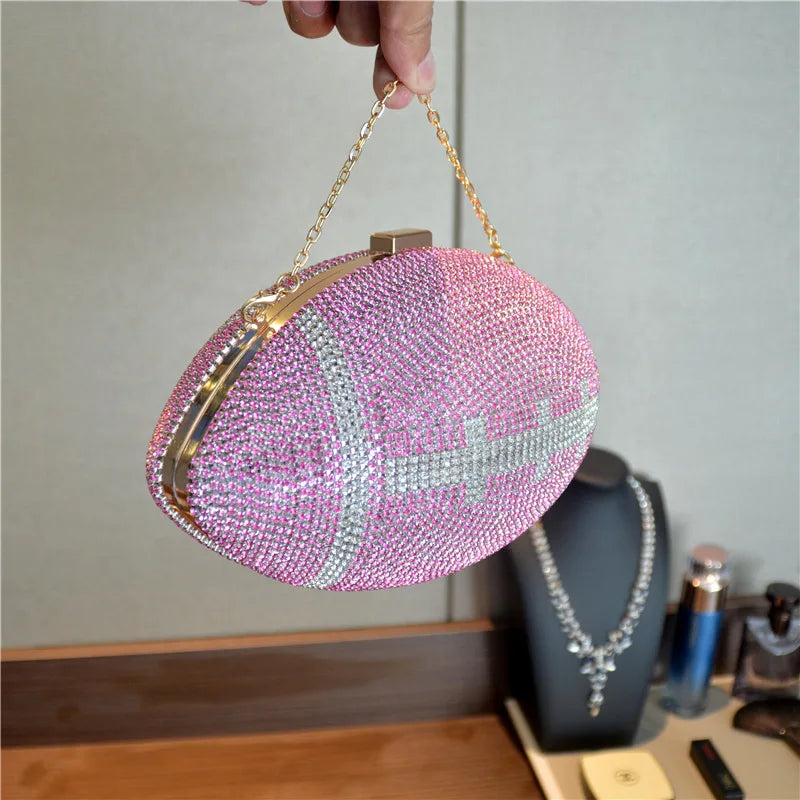 Diamond Evening Clutch Purse Bag Bridal Bling Football Shape Handbag Trendy Fashion One-shoulder Lady Rhinestone Box Case