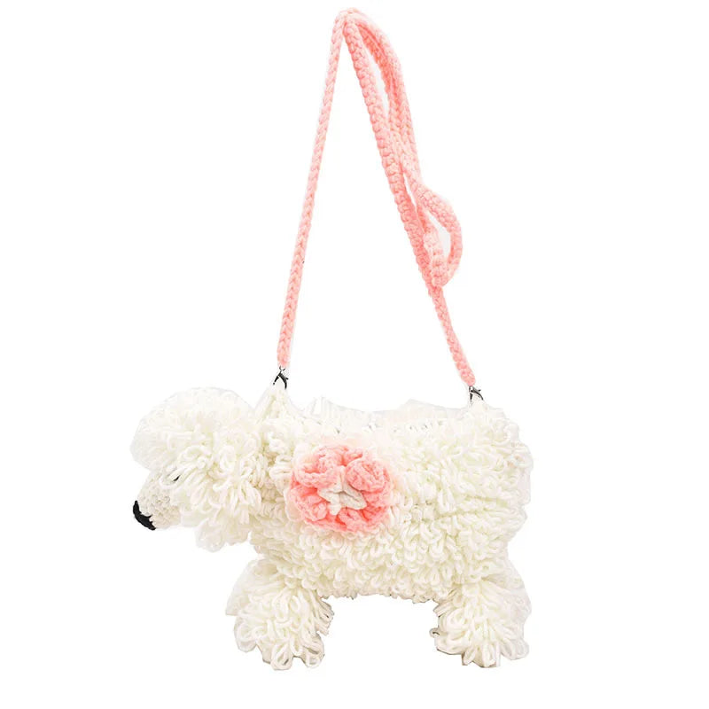 Bolso tejido a mano con forma de perro de dibujos animados para niña, bolso cruzado de lana, bonito bolso de punto, bolso de ganchillo para teléfono móvil