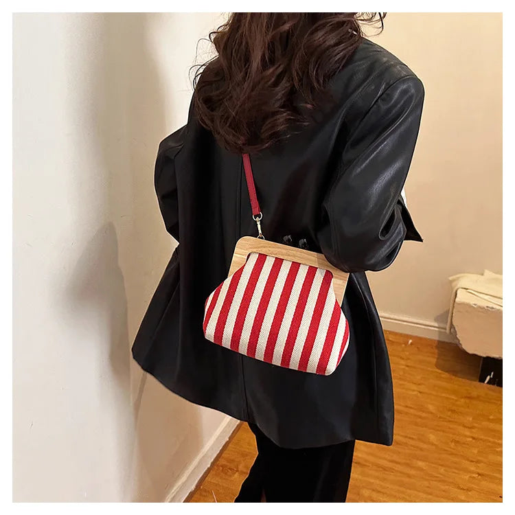 Bolsos de hombro elegantes con diseño de rayas y clip de madera para mujer, bolsos cruzados, carteras de mano para fiesta 2024