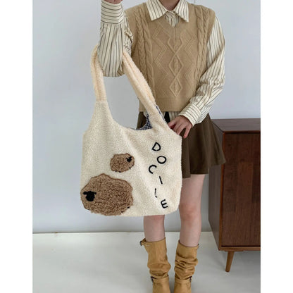 Japanese Style Kawaii Plush Bag Women Big Tote Bag Ladies Handbags Winter Soft Imitation Lamb Hair Shoulder Bag For Women Bolso