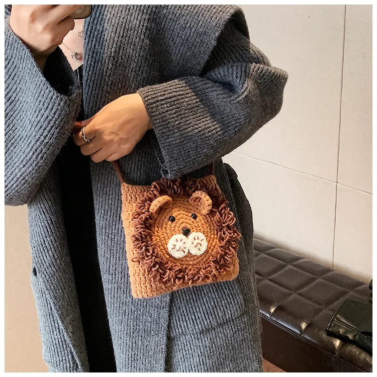 Cute Little Lion Bag For Girls Women's Funny Mobile Phone Coin Purse Winter Knitting Shoulder Crossbody Bag