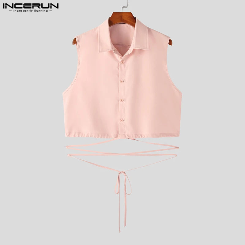 2023 Hommes Chemise Revers Sans Manches Solide Boutonné À Lacets Dos Nu Crop Tops Hommes Streetwear Sexy Mode Camisas S-5XL INCERUN