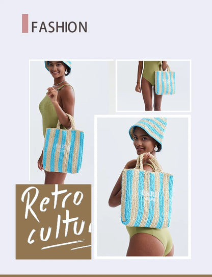 Casual Striped Straw Tote Bag Designer Letters Woven Women Handbags Handmade Summer Beach Bag Big Bali Travel Shopper Purse 2024