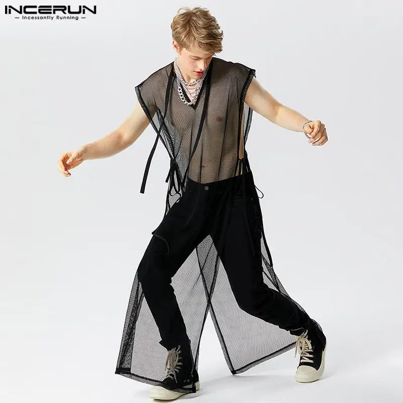 Hauts de style décontracté élégant INCERUN pour hommes Sexy Transparent Mesh Long-style Débardeurs Homme Col en V Sangle Sans Manches Gilets Minces S-5XL