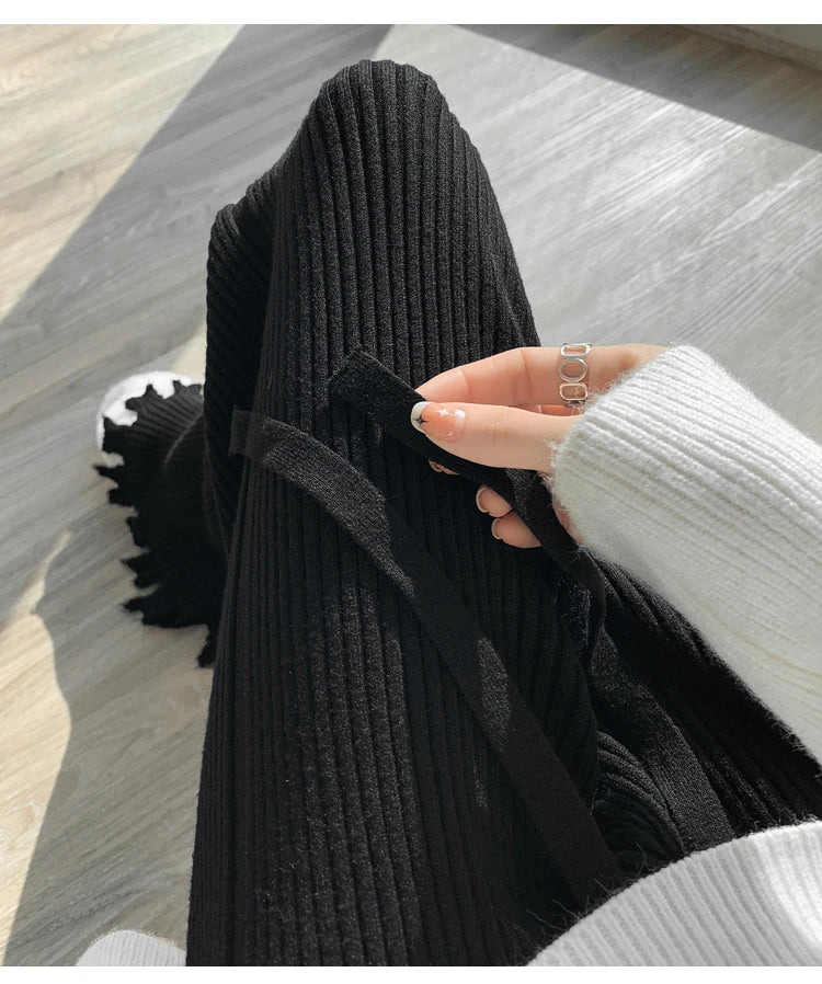 Suninheart Tassels Wide Leg Knitted Pants Women Winter Stripe Loose Trousers Femme Casual Full Length Warm Sweater Pants 2022