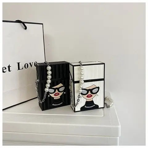 Petit sac à bandoulière pour femme, sac en forme de étui à cigarettes amusant, sac à lunettes tendance pour fille, sac à chaîne avec poignée en chaîne de perles, sac à boîte