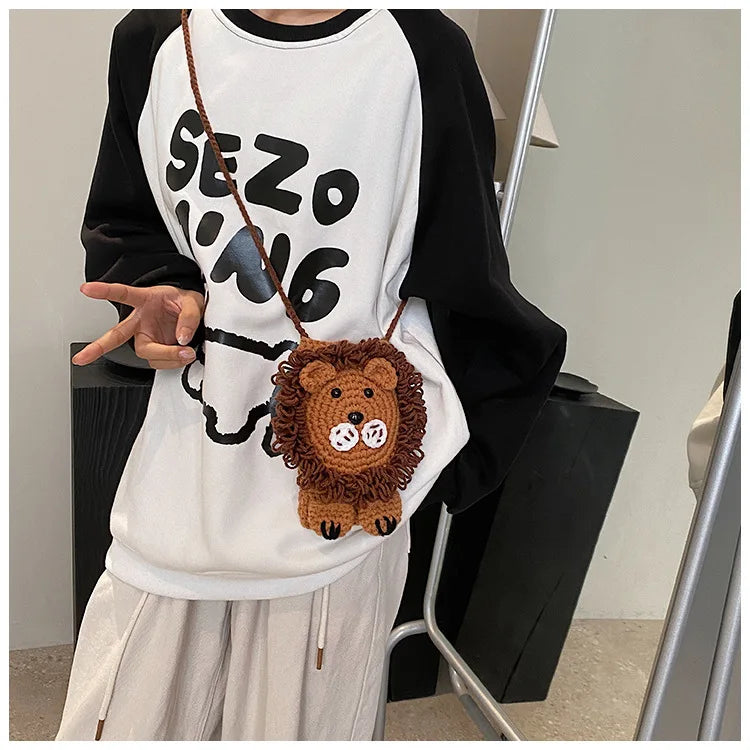 Cute Little Lion Bag For Girls Women's Funny Mobile Phone Coin Purse Winter Knitting Shoulder Crossbody Bag