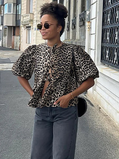 Suninheart 2024 Women Fashion Front Tie Up Blouses Leopard Print Top Short Puff Sleeve Tops Cute Going Out Shirts