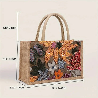 Sac fourre-tout brodé à paillettes tendance, petit sac à main élégant à fleurs pour femmes, sacs de plage d'été décontractés, sac cartable de vacances 2024