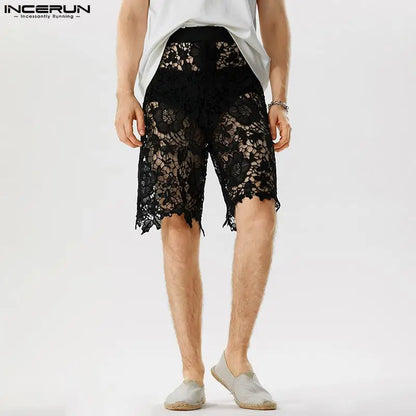 Short élégant et bien ajusté pour homme INCERUN Short en dentelle imprimé ajouré pour soirée décontractée Short en maille transparente sexy S-5XL