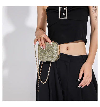 Mini bolso de noche para mujer, bolso de hombro retro con diamantes de imitación a la moda, bolso cruzado con cadena de color dorado, plateado y negro