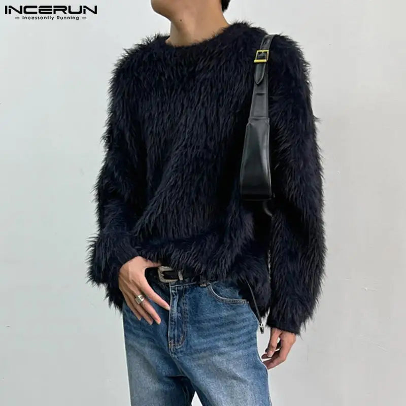 2023 Hommes Pulls Couleur Unie En Peluche O-cou À Manches Longues Mode Décontracté Hommes Vêtements Streetwear Automne Pulls S-5XL INCERUN