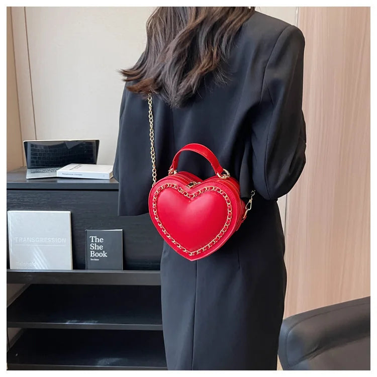 Bolsos y carteras para mujer, bolso de hombro con forma de corazón rojo a la moda, bolso cruzado con cadena para mujer, bolso de mano y cartera para mujer