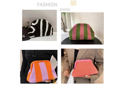 Bolso de mano de punto a rayas de moda para mujer, bolso de mano con paneles con clip y diseño informal para playa, ideal para vacaciones de verano 2024