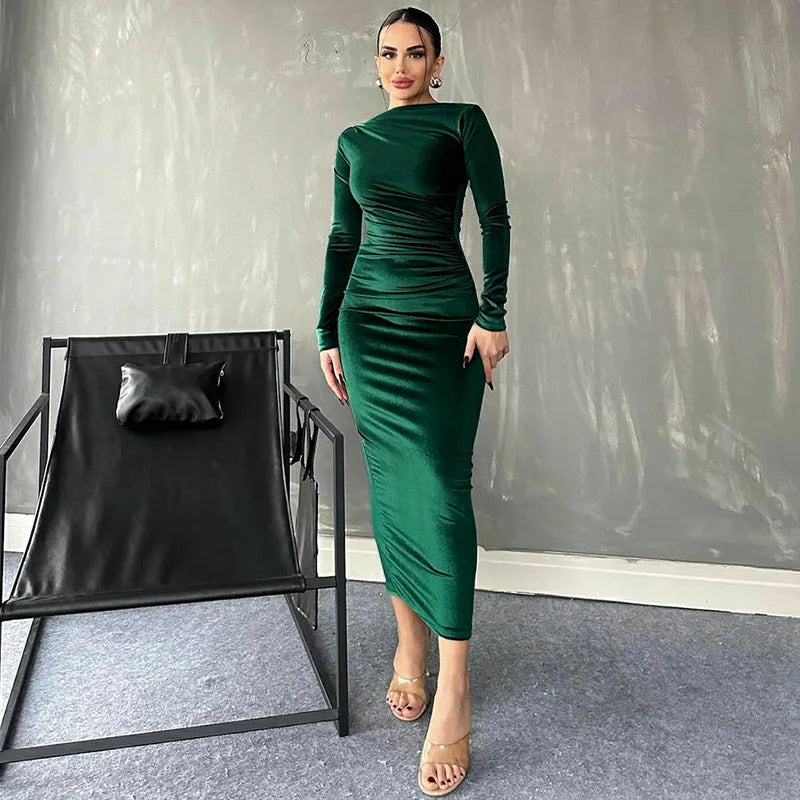 Dulzura 2024 Spring Summer Velvet Long Sleeve Midi Dress For Women Ruched Long Dress Elegant Party Clothes Evening Green Outfits