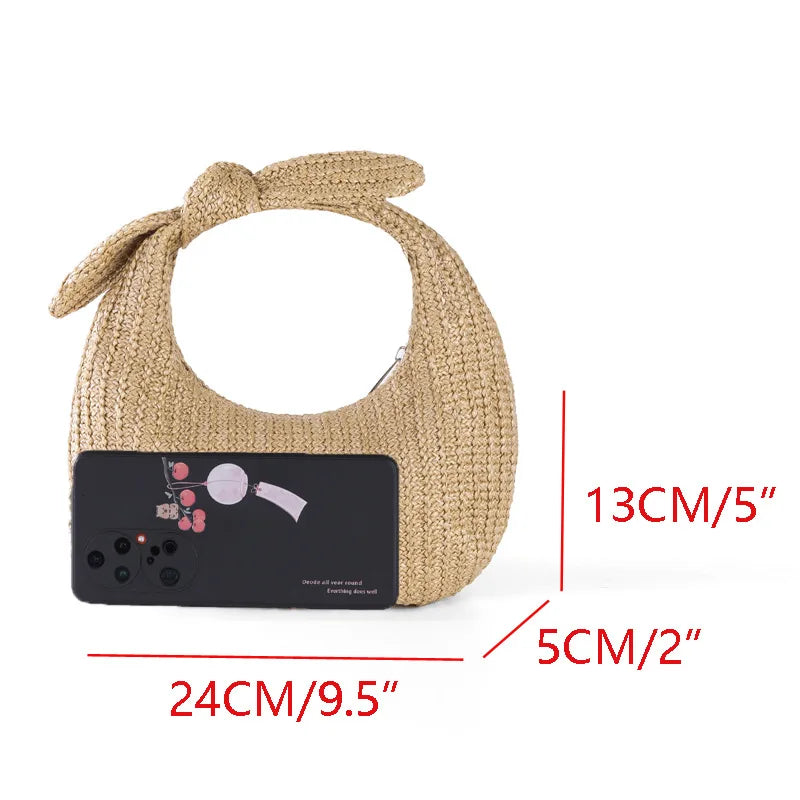 Bolso de paja con asa de lazo bonito, bolso de mano informal de media luna para mujer, bolso de playa de verano con tejido de papel, bolsos pequeños para mujer para vacaciones 2024