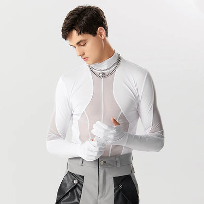 2023 Monos para hombre, de malla, con retazos, cuello alto, guantes de manga larga, peleles, camiseta para hombre, mono sexy transparente para la calle INCERUN