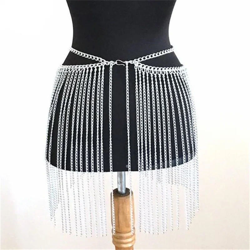 Faldas sexis Y2K de verano para mujer, con lentejuelas de metal en la parte inferior, para festivales, rave, minifalda con borlas de diamantes de imitación brillantes, cadena en la cintura, ropa para discoteca