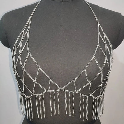 Haut à chaîne de corps brillant pour femmes, détail métallique brillant, bordure à franges, harnais licou, soutien-gorge, chaîne, tenues de fête, hauts