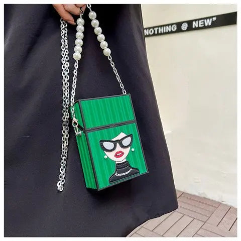 Petit sac à bandoulière pour femme, sac en forme de étui à cigarettes amusant, sac à lunettes tendance pour fille, sac à chaîne avec poignée en chaîne de perles, sac à boîte