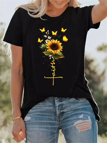 Sunflower & Butterfly Print Women T-Shirt Casual Crew Neck Short Sleeve T-Shirt Casual Every Day Tops Women's Clothing