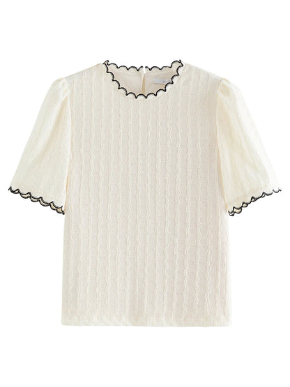 FSLE Blusa de punto fina con escote de encaje estilo francés para mujer, novedad de verano 2024, camisa elegante de manga corta 24FS12110