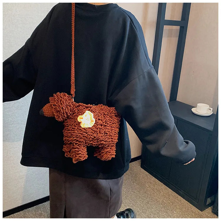 Bolso tejido a mano con forma de perro de dibujos animados para niña, bolso cruzado de lana, bonito bolso de punto, bolso de ganchillo para teléfono móvil