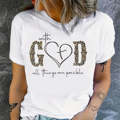 Camiseta con estampado de Dios para mujer, camiseta informal de verano de manga corta y cuello redondo, ropa para mujer, camisetas para mujer