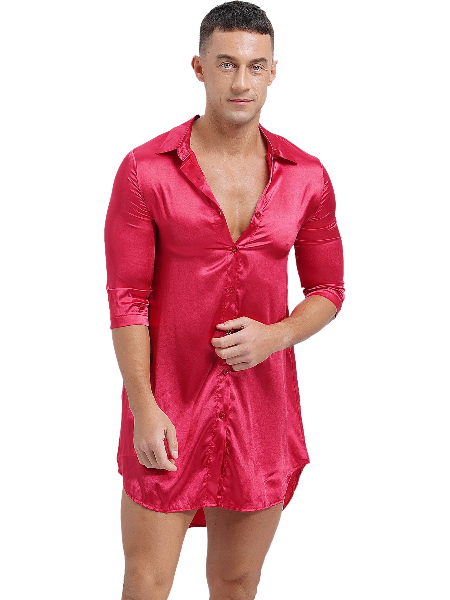 Chemise en satin de soie pour homme Sissy, couleur unie, longue robe portefeuille, peignoir, kimono, chemise de nuit, pyjama, vêtements de nuit, vêtements de détente