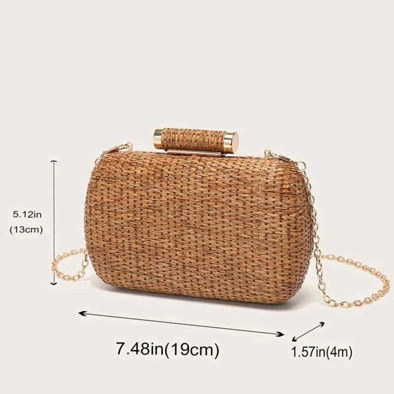 Fashion Mini Minimalist Braided Design Straw Bag Summer Party Purses Vintage Beach Bags Box Chains Shoulder Crossbody Bag 2024