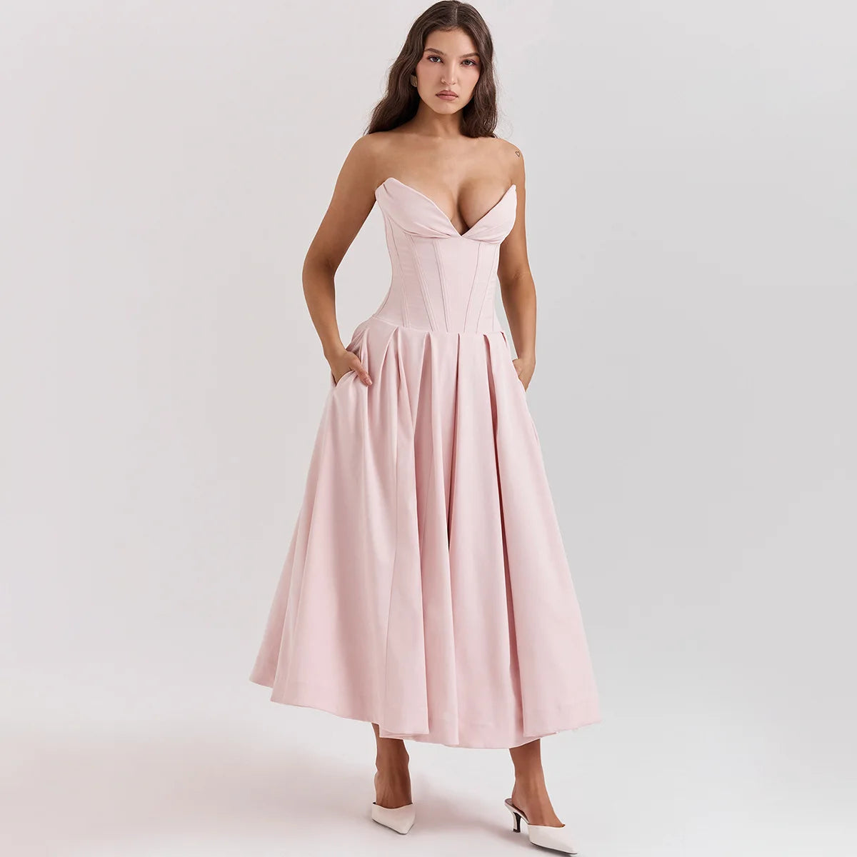 Suninheart Fashion Summer Dresses 2024 Pink Strapless Wedding Guest Long Corset Dress Elegant Flare Party Dresses Women Clothing