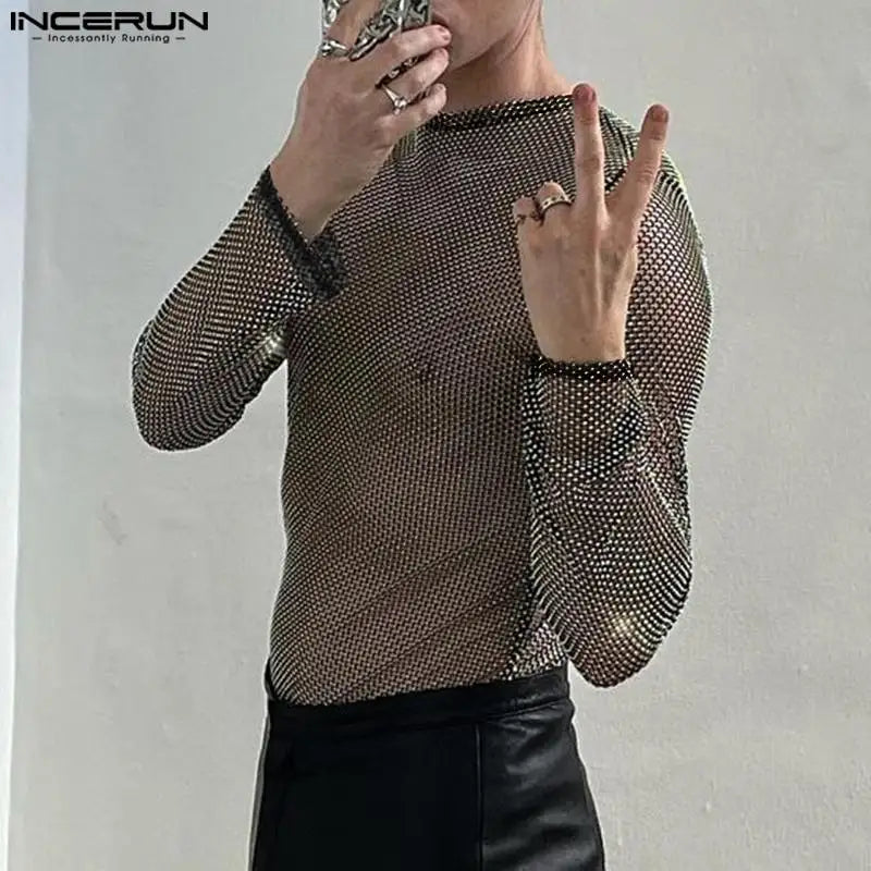 Hauts de style boîte de nuit de fête INCERUN Nouveaux hommes paillettes maille transparente Camiseta Sexy mâle tout-match à manches longues mince T-shirts S-5XL