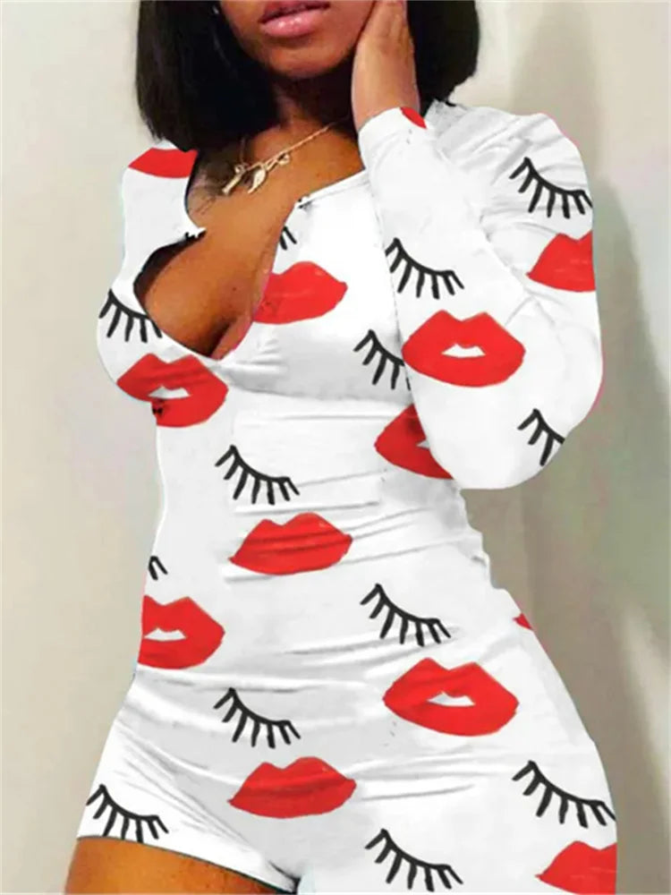 Sexy Women V-neck Bodycon Sleepwear Jumpsuit Bodysuit Shorts Romper Bodysuit Leotard Button Bodysuit 2020 Print Long Sleeve Lips