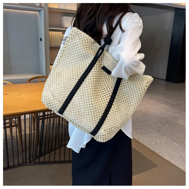 Casual Hollow Out Large Capacity Straw Tote Bag Weave Women Shoulder Bags Handmade Summer Beach Handbags Big Shopper Purses 2024