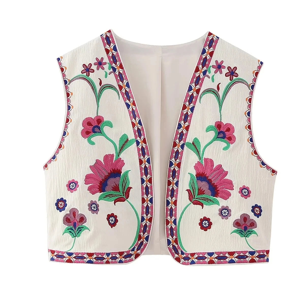 Suninheart Women Vintage Floral Embroidery Printed Unisex Vest Sleeveless Cropped Coats 2023 Summer Elegant Cotton Linen Tops