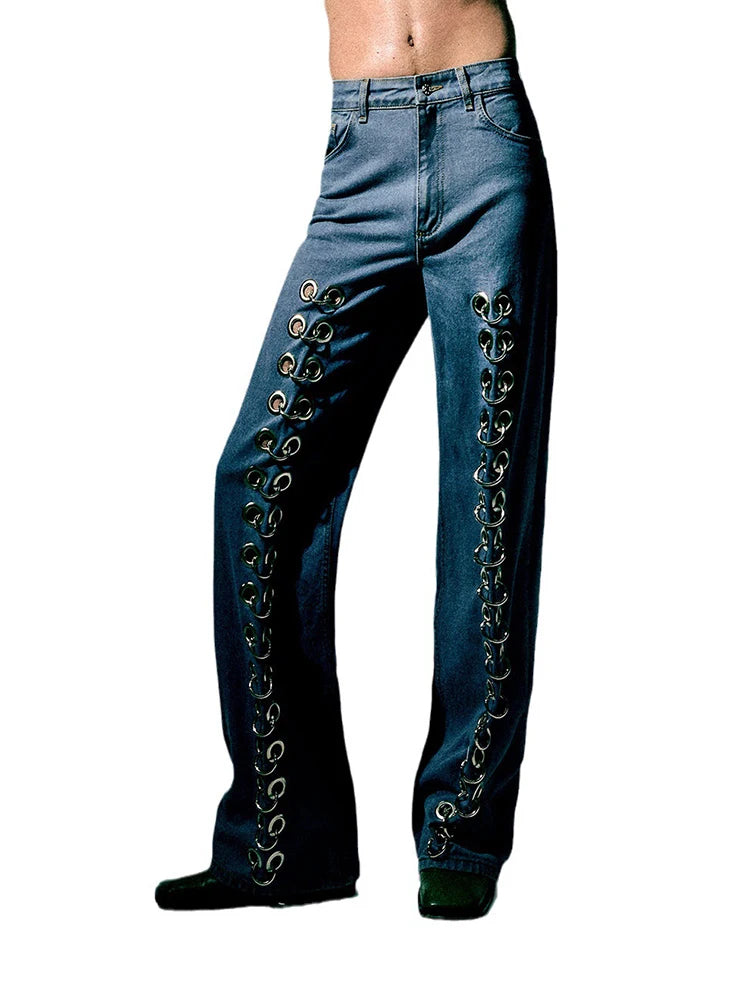 DEAT Fashion Women Denim Pants Loose Low-waisted Metal Hollow Out Floor-length Straight Blue Lady Jeans Spring 2024 New 19F2031