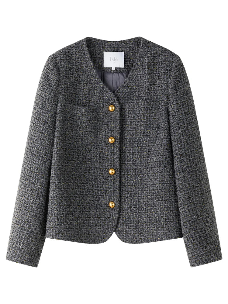 FSLE Office Lady French Style Fragrance Jacket Women's Autumn Winter 2023 New Wool Tweed Jacket For Women Grey Casual Coats