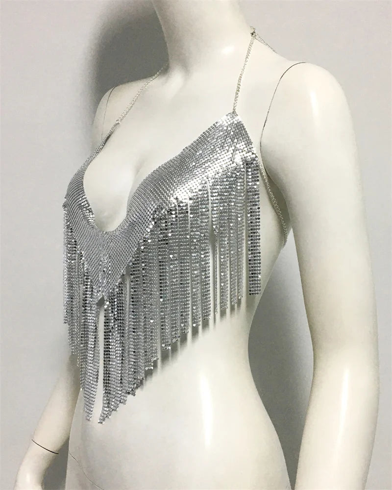 Top corto de fiesta con borlas y lentejuelas metálicas brillantes para mujer, diseño de cuello halter sin espalda, camisetas sin mangas de metal con lentejuelas, ropa de club nocturno