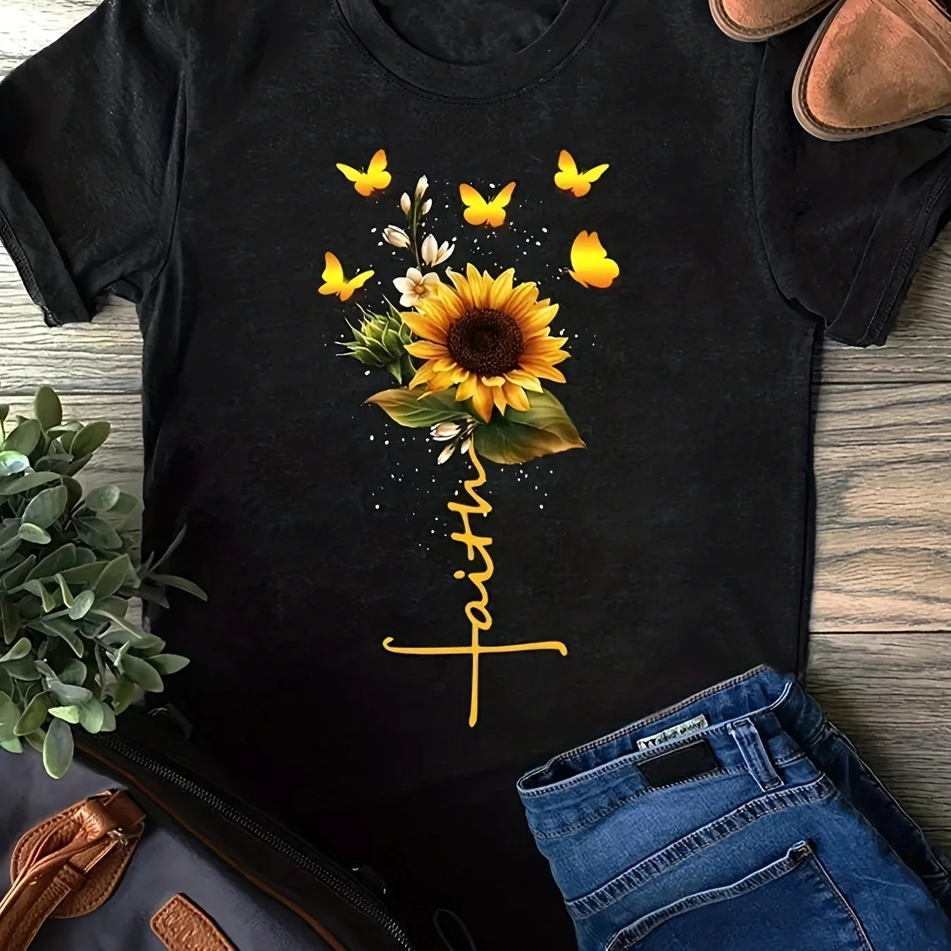 Sunflower & Butterfly Print Women T-Shirt Casual Crew Neck Short Sleeve T-Shirt Casual Every Day Tops Women's Clothing