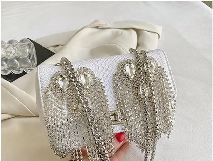 Evening Small Square Bags for Women 2023 Fashion Diamond Tassel Handbag Leather Chain Luxury Party Sparkle Shoulder Bag Woman