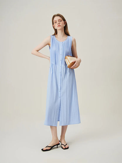 FSLE Dressed Women's Lazy Style Sleeveless Summer Dress Mid length Beach A-line Blue Women High Waist Dress 24FS12347