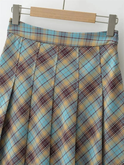 Suninheart Y2K High Waist England Style Skirt Vintage Plaid Pleated Skirt Street Shoot Spice Girls A-Line Mid-Length Skirt