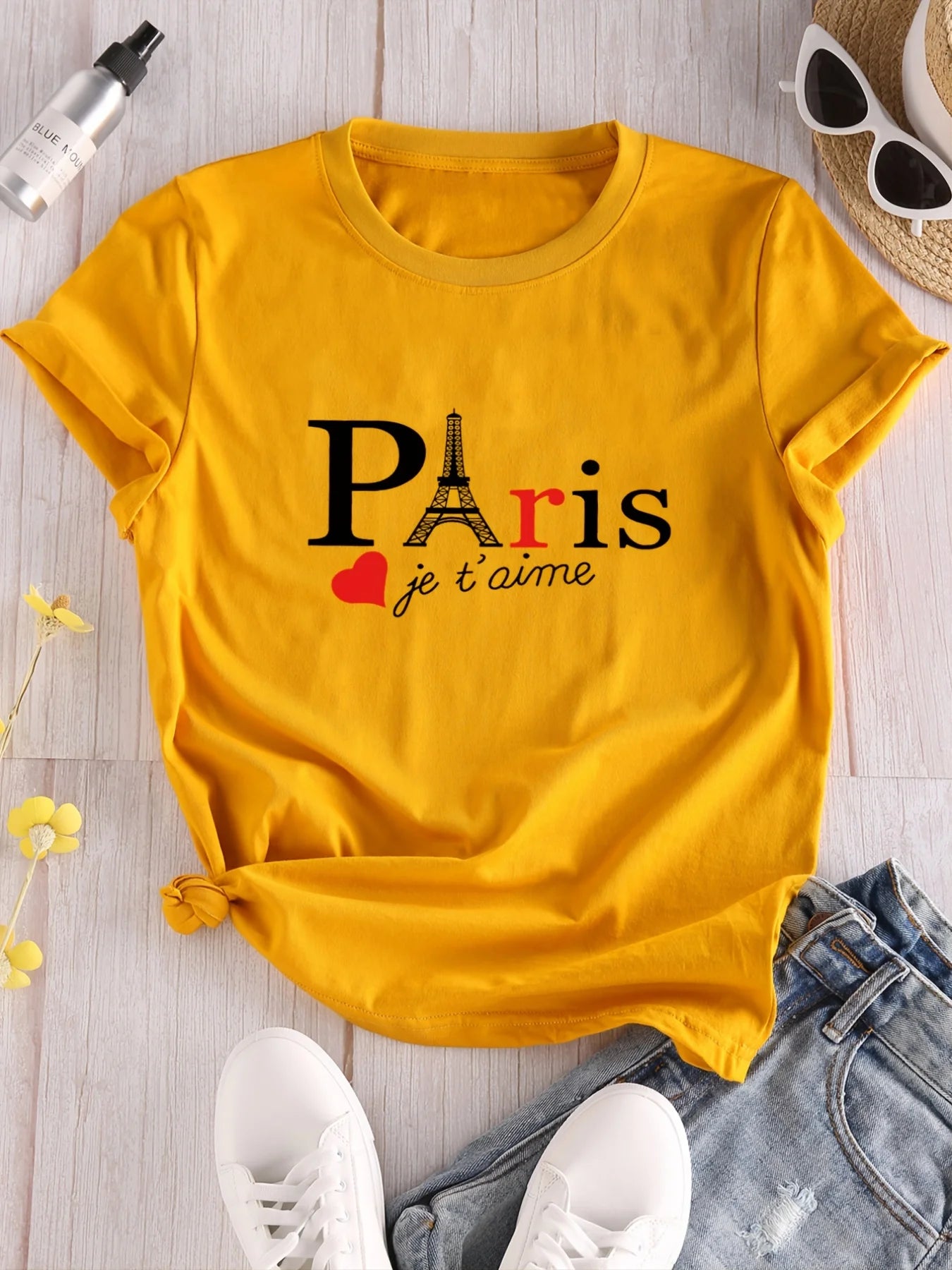 Camisetas con cuello redondo y estampado de letras de París para mujer, camisetas casuales de manga corta, camisetas casuales para todos los días, ropa para mujer, camisetas para mujer