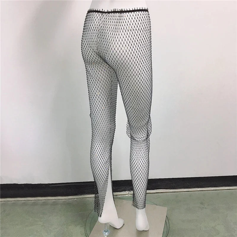 Pantalones de mujer con fondo de diamante de cristal brillante, pantalones de verano sexis de rejilla elástica con agujeros, ropa de playa transparente a la moda