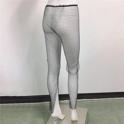 Pantalones de mujer con fondo de diamante de cristal brillante, pantalones de verano sexis de rejilla elástica con agujeros, ropa de playa transparente a la moda