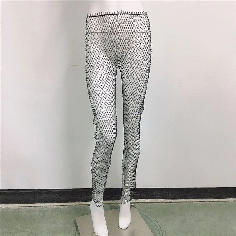 Sparkle Diamante Fishnet Shining Trousers Crystal Mesh Pants Rhinestone Leggings Sexy Hallow Out See Through Glitter Pants